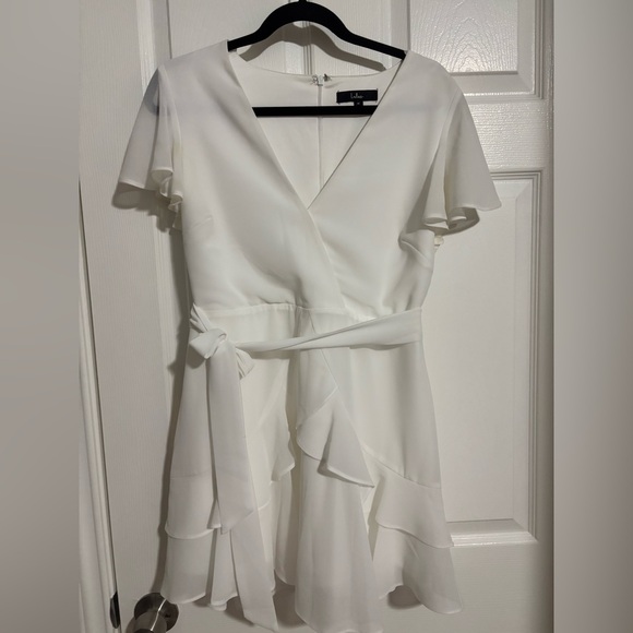 Lulu's White Ruffle Layered Belted Wrap Dress - Picture 1 of 4